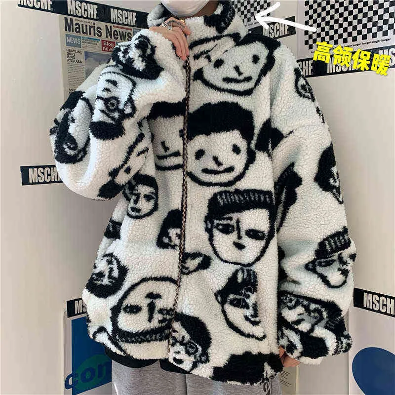 Koreansk Vinter Harajuku Lazy BF Style Coat Gulliga teckningar Printing Full Sleeve Jacka Lambswool Håll varma dragkedja Ytterkläder 211029