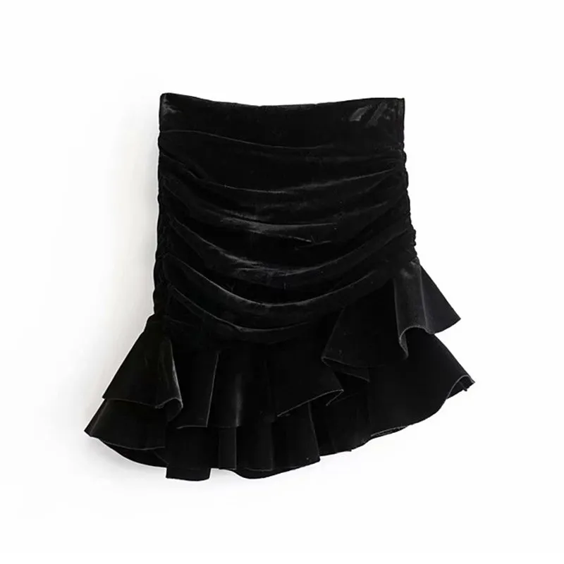 Kvinnor Snygg Svart Velvet Pläterad Asymmetrisk Mini Skirt Ladies Back Zipper Vestidos Chic Ruffles Kjolar Faldas Mujer 210430