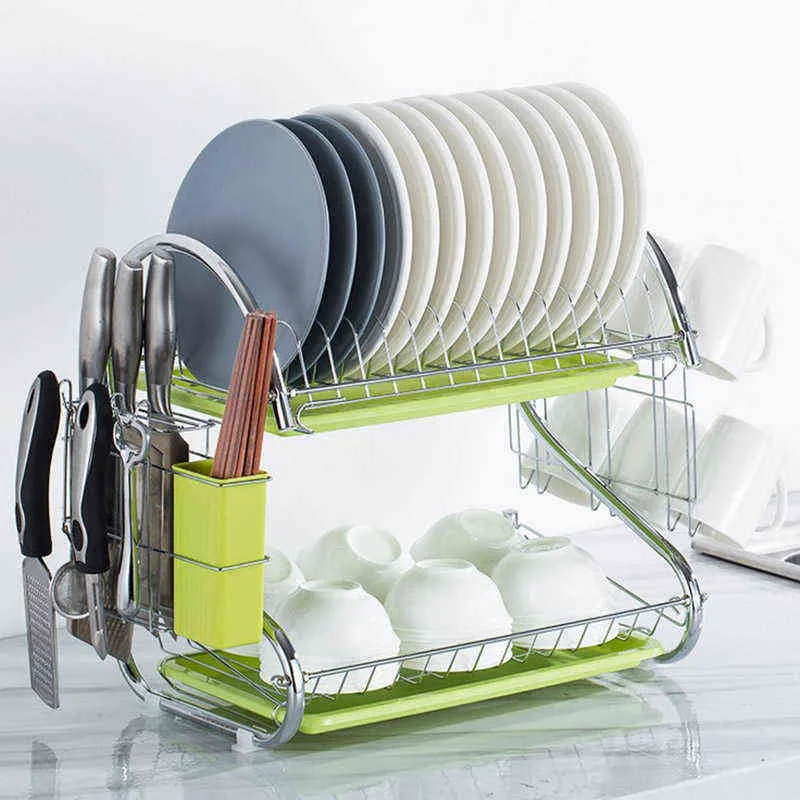 Large Dish Drying Rack Cup Drainer 2-Tier Strainer Holder Tray Stainless Steel Kitchen Accessories organizador de cocina 211112