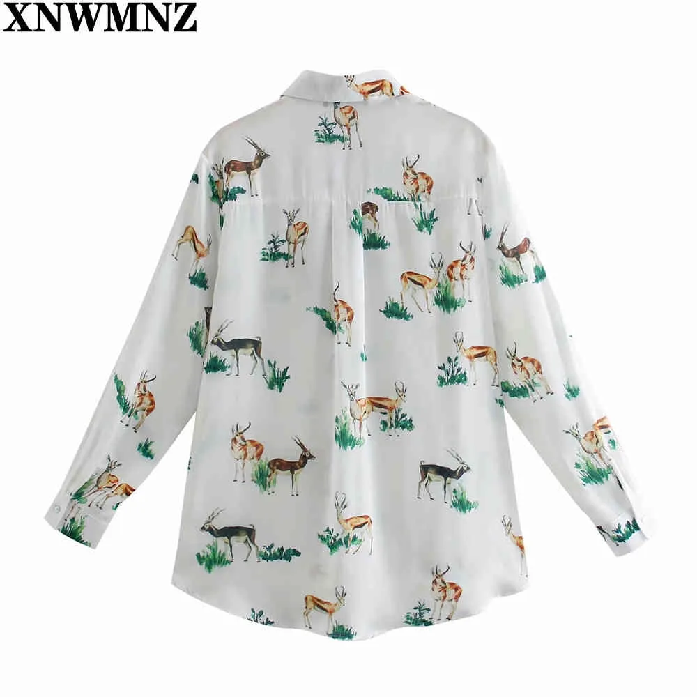 Women Fashion Animal Printed satin finish shirt Vintage Casual loose button-up long sleeves Blouses Female chic Tops 210520