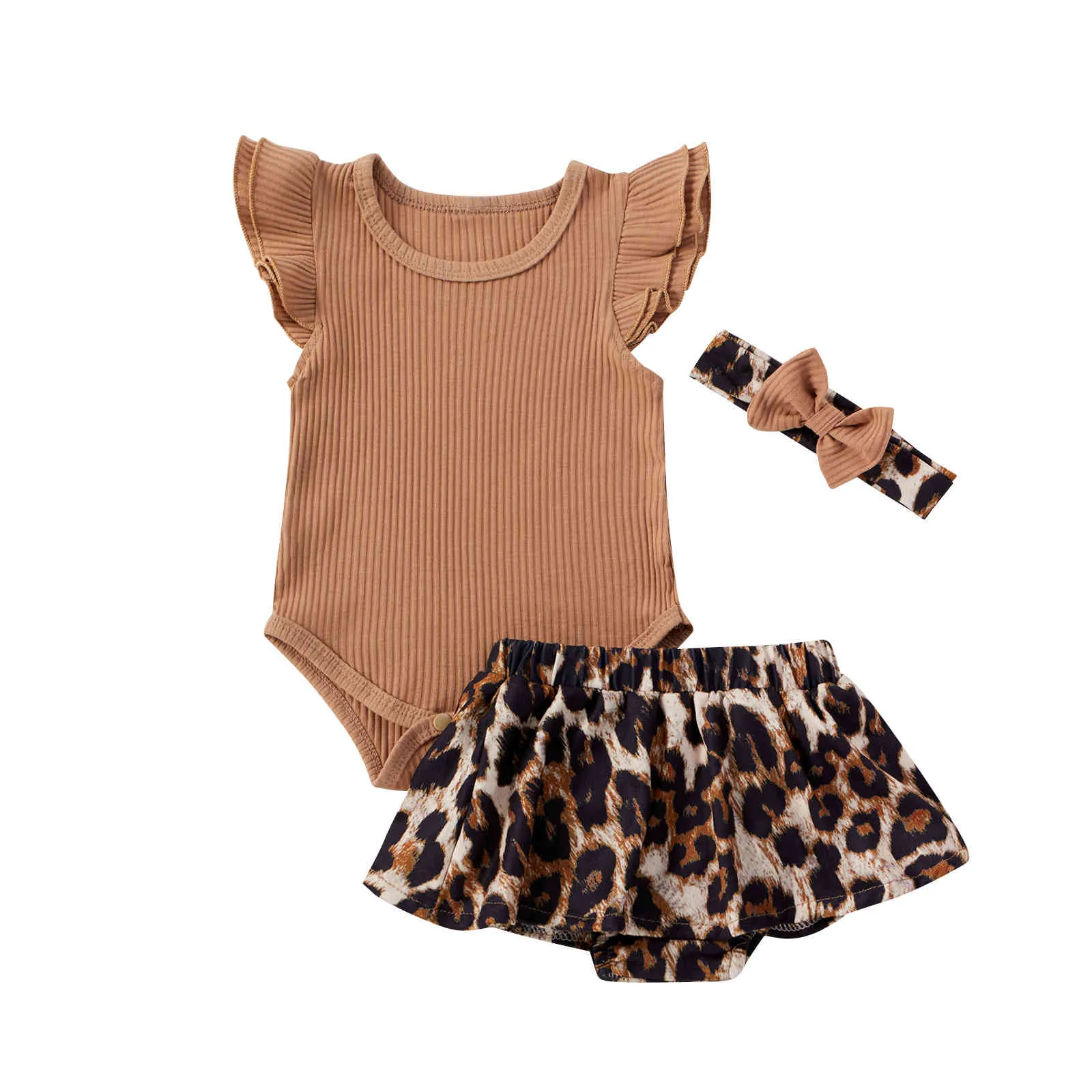 0-18M Summer Infant born Baby Girl Clothes Set Knitted Romper Ruffles Leopard Skirts Outfits Costumes 210515