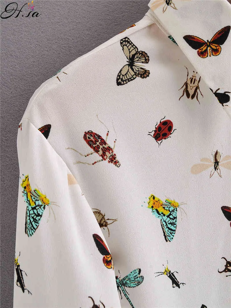 H.SA Birds Print T Shirts 35% bomull Kvinna Mode Vår Sommar Loose Casual Ladies Shirt Butterfly Toppar Vit 210417