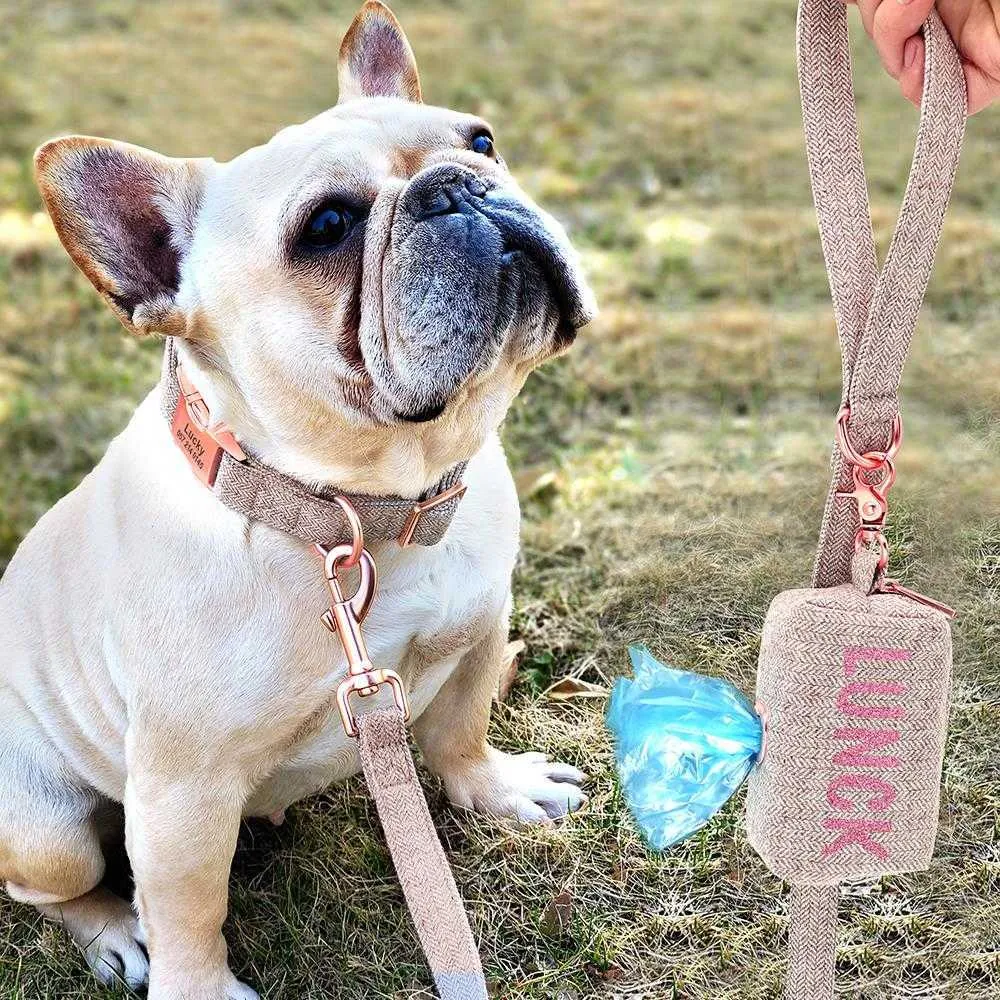 Personalized Dog Collar Leash Set Custom Pet Poop Bag For Small Medium Large Dogs Outdoor Puppy Garbage Bags Pet Supplies Pug 211006