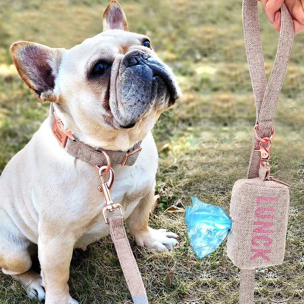 Personlig Hundkrage Leash Set Anpassad Pet Poop Bag för Små Medium Stora Hundar Utomhus Valp Skräp Väskor Pet Supplies Pug 211006