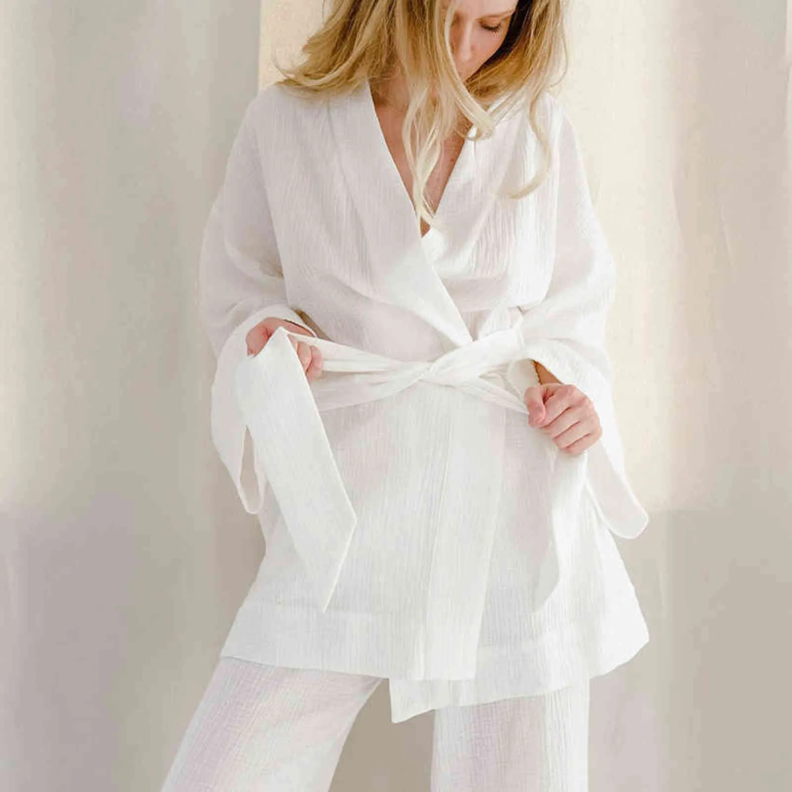 Nhkdsasa kimono pyjamas 100% bomull crepe långärmad byxor damer sleepwear kostym kvinnors hem service mujer 211112