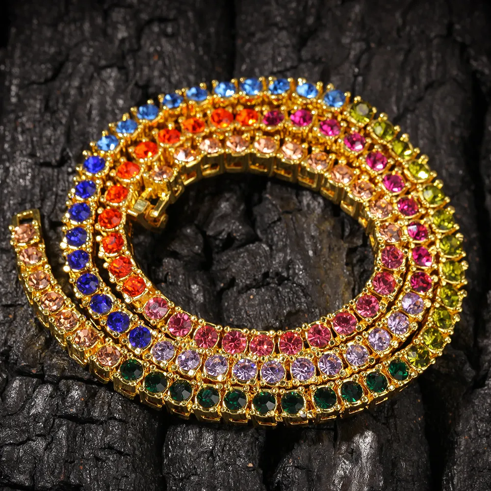 Cadena de tenis con diamantes coloridos para hombre, collar de joyería de Hip Hop, collares de cadena de oro y plata, 4mm270c