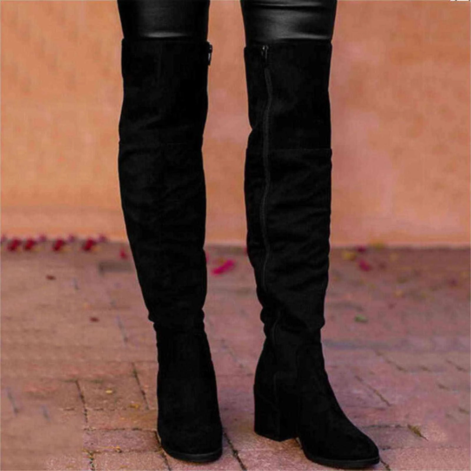 Women Boots Winter Over The Knee Long Comfort Shoes Chunky High Heels Pure Color Retro Thigh H1115