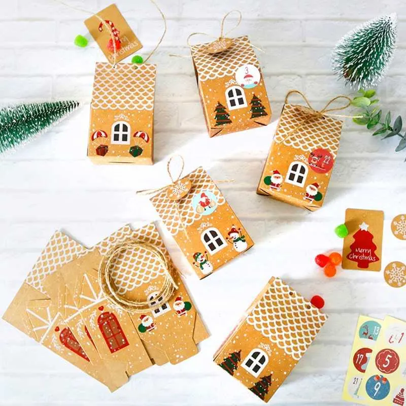 24 ensembles de boîte-cadeau de maison de Noël biscuits en papier kraft sac de bonbons étiquettes de flocon de neige 1-24 autocollants de calendrier de l'Avent corde de chanvre 211019