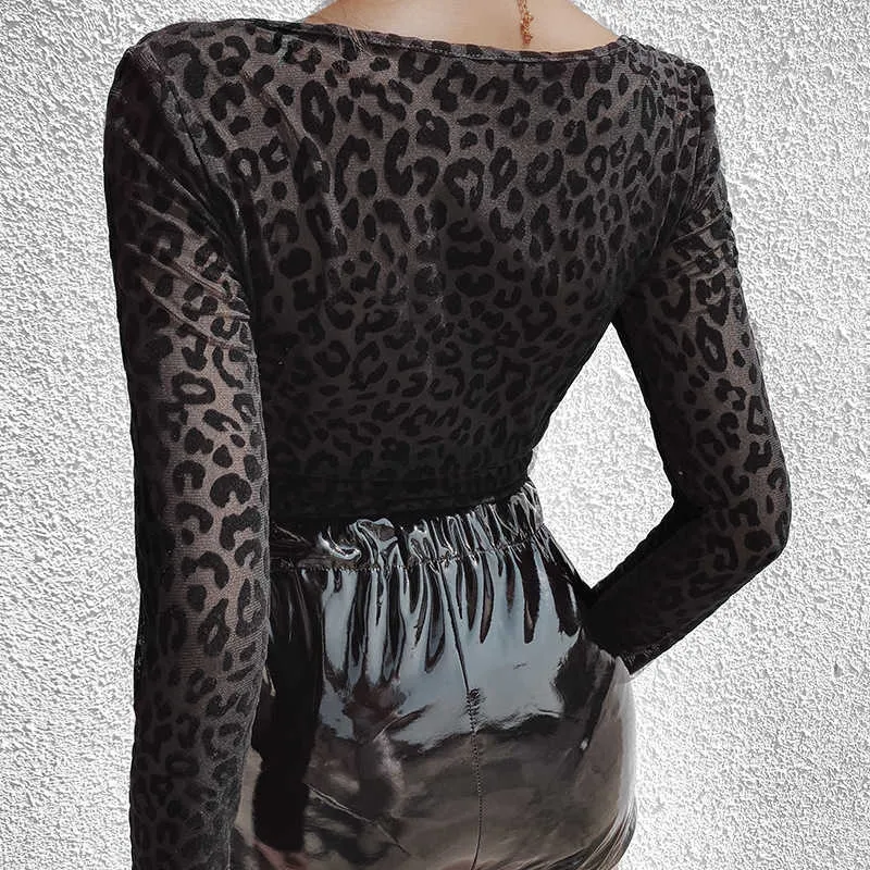 Coylsmo Bodycon Lace Sexig Bodysuit Kvinnor Leopard Transparent Kvinna Body Mujer Deep V Herr Jumpsuit Overaller Streetwear 210527