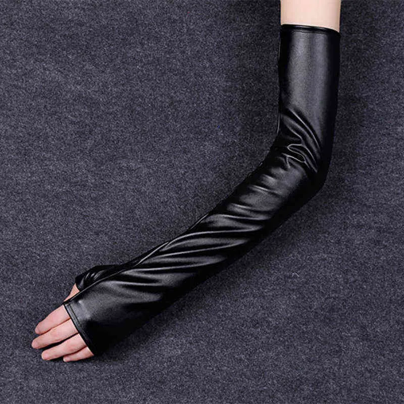 Women's Thin Long Fingerless Pu Leather Driving Gloves Winter Warm Half Finger Arm Sleeve Nightclub Show Touch Screen Mitten 247a