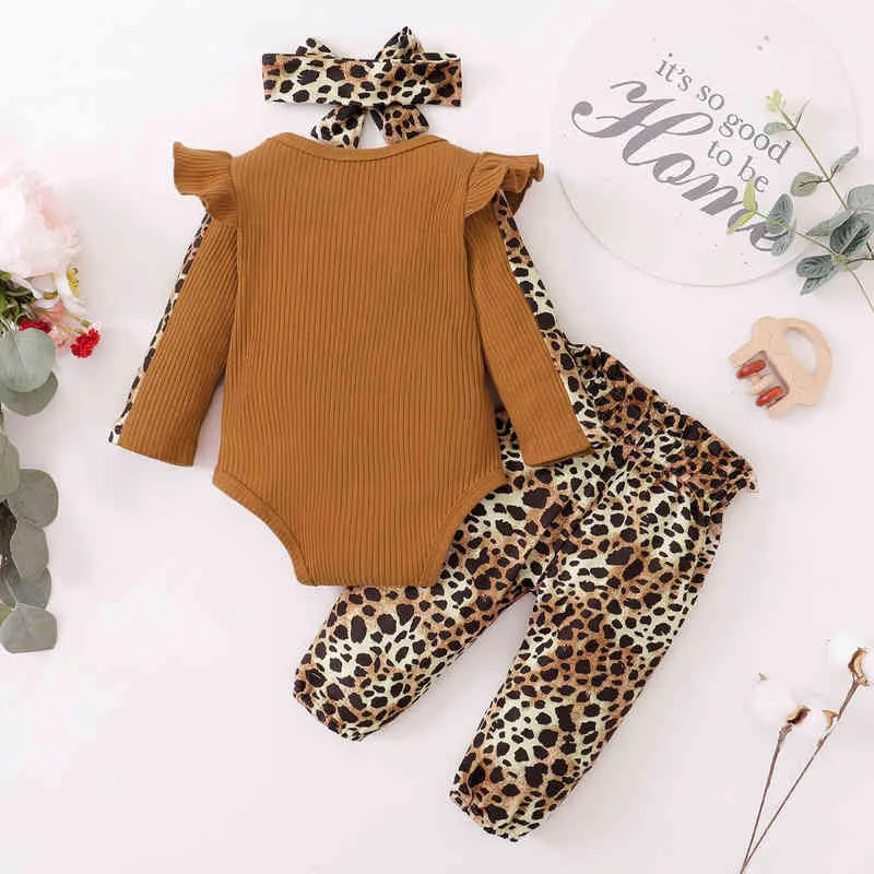 Newborn Clothes Baby Girl Clothes Sets Infant Outfit Ruffles Romper Top Bow Leopard Pants New Born Toddler Clothing G1221