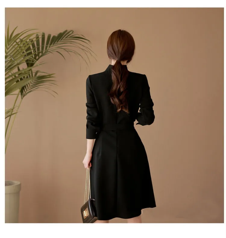 Wiosna Jesień Elegancka Koreańska Sukienka Kobiety Plus Rozmiar Asymetria Długim Rękawem Kołnierz Tunika Mini Dresy linii z Sashes 210513