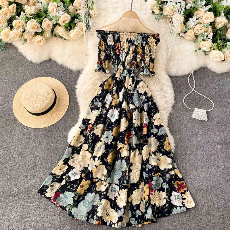 SINGREINY Women Sexy Off Shoulder Floral Dress Slash Neck Sleeveless A-line Dress Summer Elastic Ruched Boho Vacation Dresses 210419