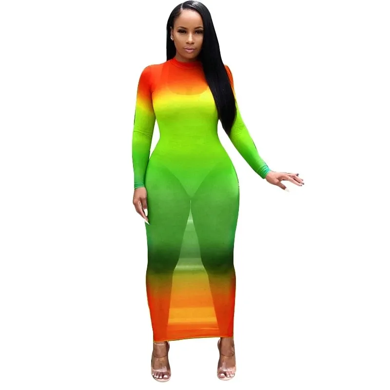 Omsj Kobiety Sexy Mesh Hollow Out Przez kolorowy Długi Rękaw Slim Fit Bodycon Clubwear Ołówek Rainbow Dress 210517