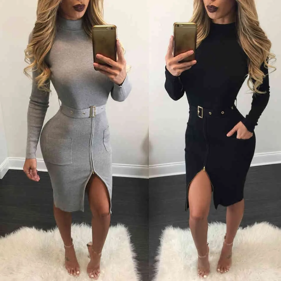 الخريف المرأة أزياء مثير بلون مطابقة حزام bodycon طويلة الأكمام جولة الرقبة حزب اللباس بالجملة vestidos 210524