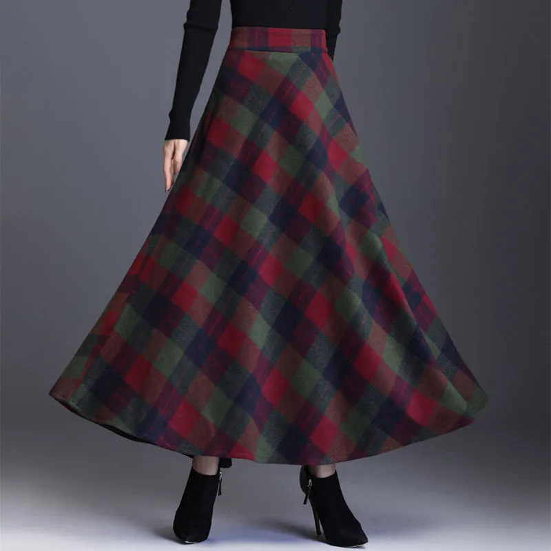 Plaid Hohe Taille Lange Röcke Für Frauen Herbst Winter Elegante Koreanische Mode Maxi Mom Plus Größe 3XL Casual Lose Wolle 210421