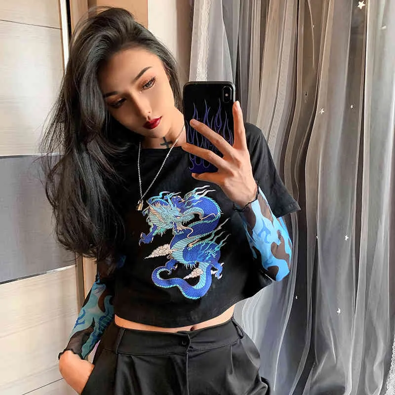 Drago Stampa Y2K T-shirt Rattoppato Maglia a maniche lunghe Moda Donna Harajuku Estate Crop Top Top ragazze Nero T-shirt 210415