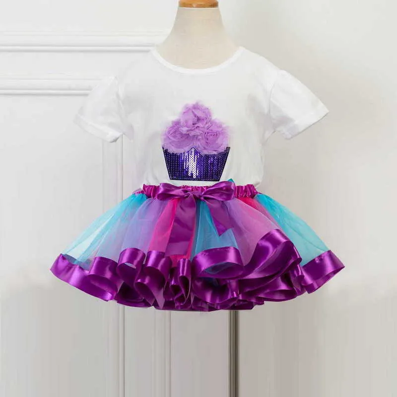 Été filles jupe courte 2 pièces ensembles haut en coton à paillettes + gâteau arc-en-ciel enfants portent des vêtements pour enfants E6407 210610