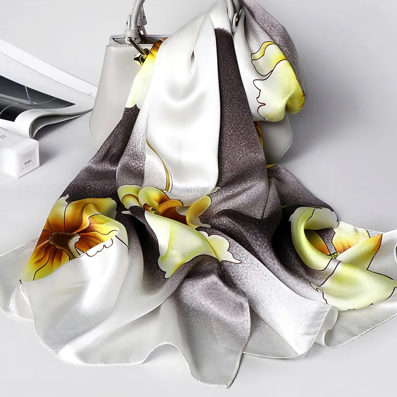 Toppkvalitet Real Silk Scarf Kvinnor 2021 Fashion Floral Tryckta Sjalar Och Wraps Lång Mjuk Foulard Ladies Vinter Neck Scarves