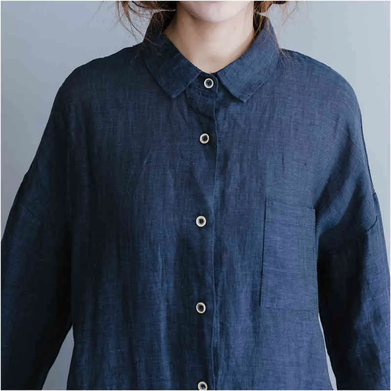 Kvinnor Bomull Linen Klänning Långärmad Vår Höst Stripad Patchwork Shirt Casual Loose Vintage Navy Blue Dresses 210520