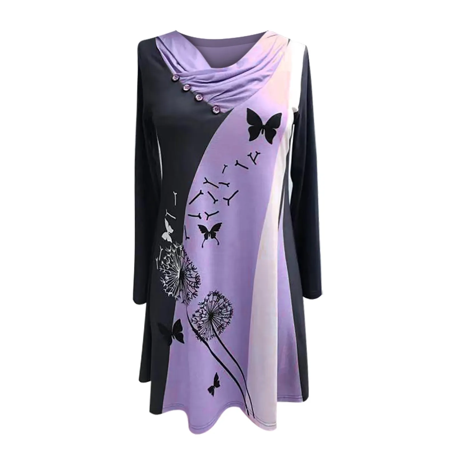 Осеннее свободное платье 2021 Новые женские женские дамы повседневные плюс размер печать вышивание кнопки двухслойного воротника с длинным рукавом платье X0521