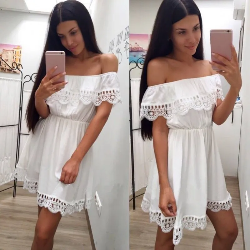 Ladies Sweet Women Lace White Dress Elegante Sexy Slash Neck Casual Slim Loose Beach Dress Summer Women Sundress Abiti femminili 210416