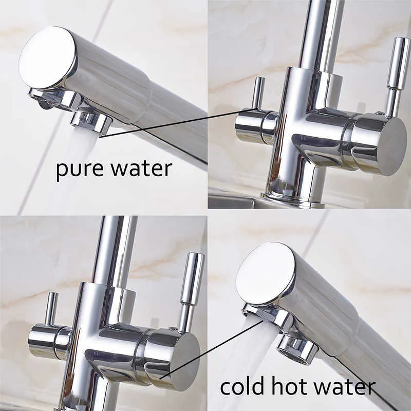 SHBSHAIMY Filter Kitchen Faucet Chrome Drinking Pure Water Kitchen Tap Deck Mounted Dual Handles 3-Ways and Cold Water Mixer 210724