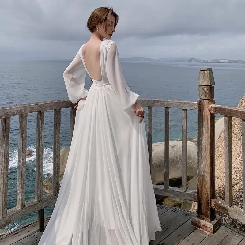ontwerper stijlvol vloer lengte witte lantaarn mouwen chiffon a-lijn strand trouwjurk zijsplit bruidsjurken vestidos 2104211153265