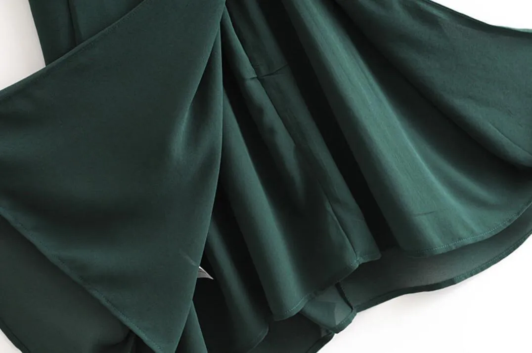 フレンチの女性のドレスソリッドグリーンカラーの包帯レーシングアップスパゲッティストラップミッドカーフスリットドレスパーティーファッション女性服210429
