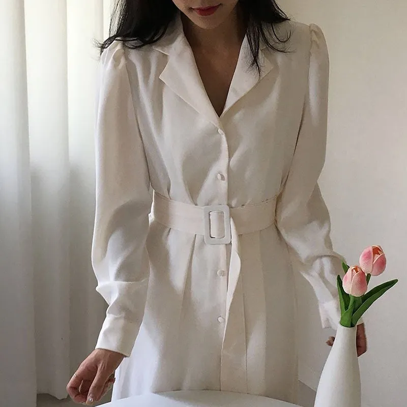 Женская вешенная и осень платье корейский стиль одиночный грудь отворот свободный ремень длинный на колени FialTail женщины PL185 210506