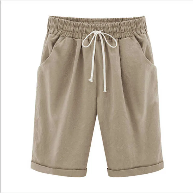 Casual Cotton Linen Women's Five-Point Pants Plus Size Female Elastic Waist Pocket Loose Drawstring Thin Straight Trouser Summer 210526