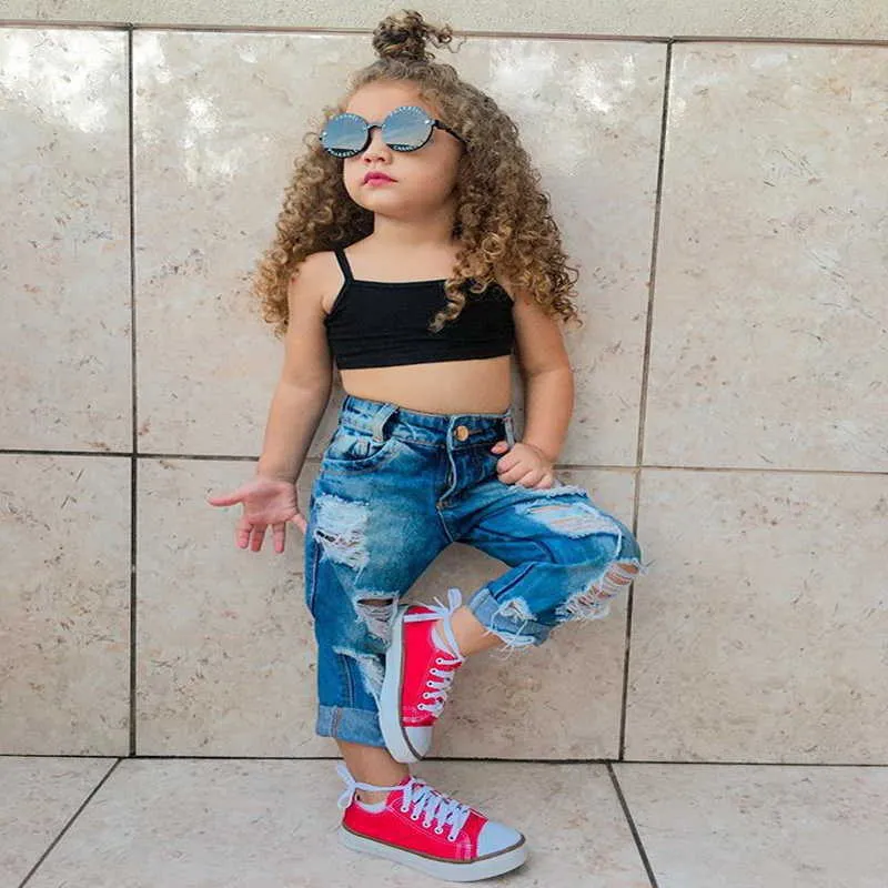 Commercio all'ingrosso Estate Bambini Ragazze 2 pezzi Set Tinta unita Canotta Top + Denim Hole Pants Abiti bambini E3018 210610