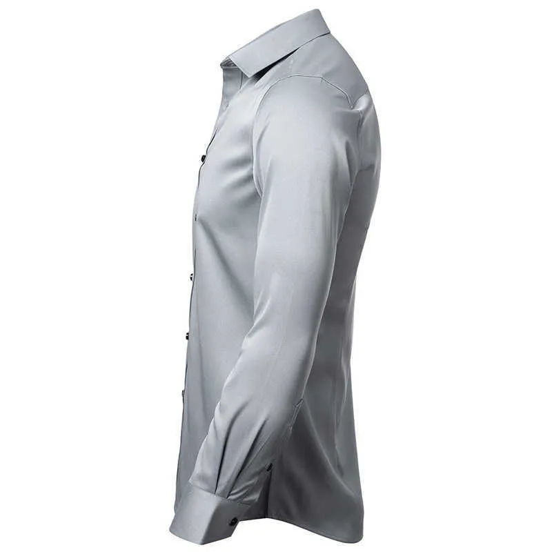 Gray Elastic Bamboo Fiber Shirt Men Brand Long Sleeve Mens Dress Shirts Non Iron Easy Care Business Work Chemise Homme XXL 210721