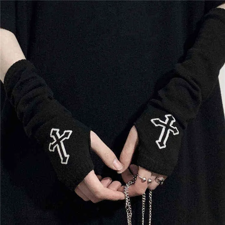 Gothic Punk Style Black Cross Half Finger Long Glove Women Knit Length Sleeve Fingerless Gloves Streetwear8551407