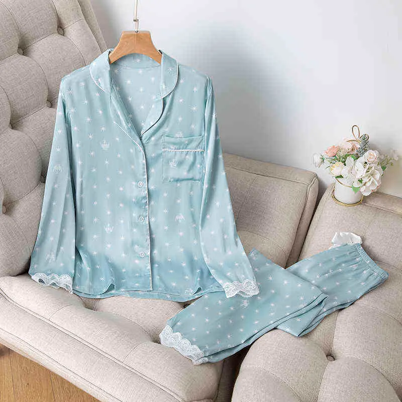 Home Abbigliamento Donna Estate Abito a due pezzi Pigiama Raso di seta di ghiaccio Capispalla sottile Stampa Pigiama di pizzo Sleep Wear Lounge Set 211112