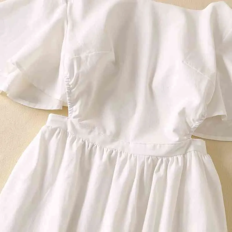 Sommer Frauen Backless Design Weiß Midi Kleid Weibliche Flare Hülse Kleidung Casual Dame Lose Vestido D7551 210430