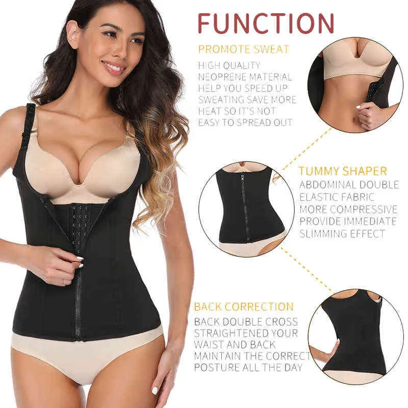 Fajas Reductoras Compression Body Shaper Vest Women Waist Trainer Cincher Zipper Tummy Control Corset Slimming Upright Posture 211112