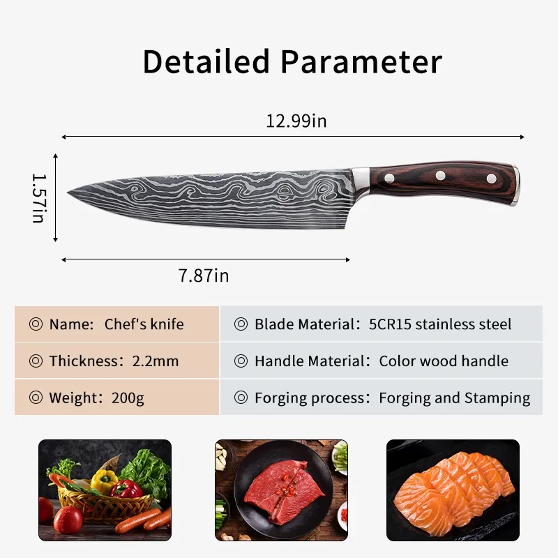 주방 공구 고기 클레비버 단조 요리사 LNIEF 5CR15 스테인리스 스틸 eAmascus 레이저 일본 나이프 233W