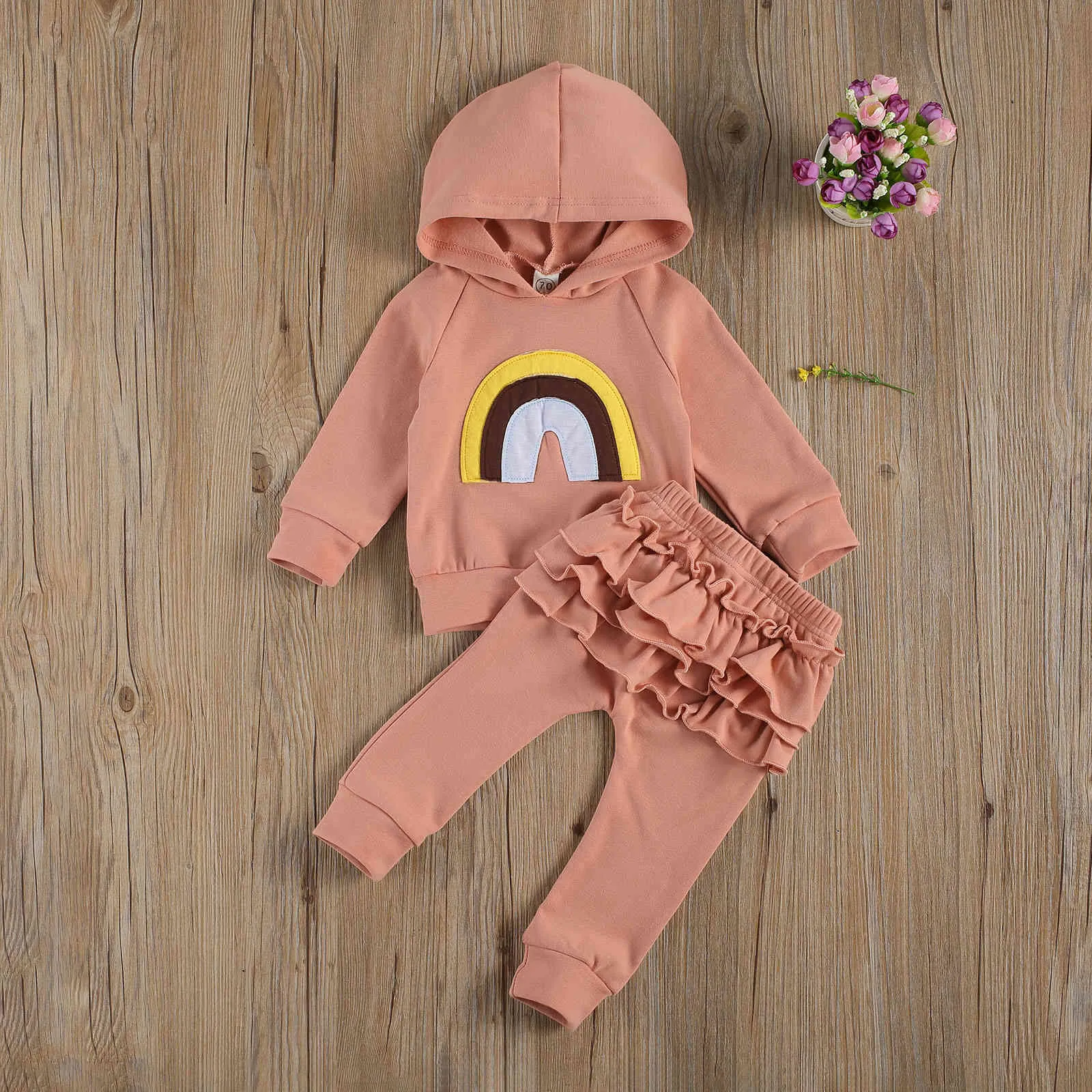 0-3y herfst winter peuter baby baby kid meisje kleding set regenboog hooded lange mouw top ruches broek outfit kleding 210515