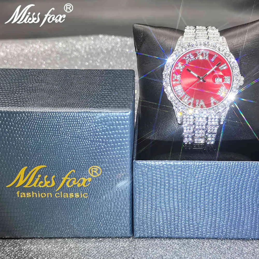 Missfox Mężczyźni Zegarki Top Marka Projekt Luksusowy Sport Luksus Out AAA Diament Bling Watch Pełna Wodoodporna Ze Stali Nierdzewna Biżuteria