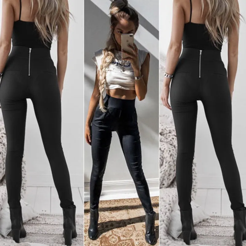 Women Pants Fashion Sexy Ladies Leisure Skinny PU Leather Push Up Wet Look Clubwear Pencil Trousers Back Zip Size S-XL 210522