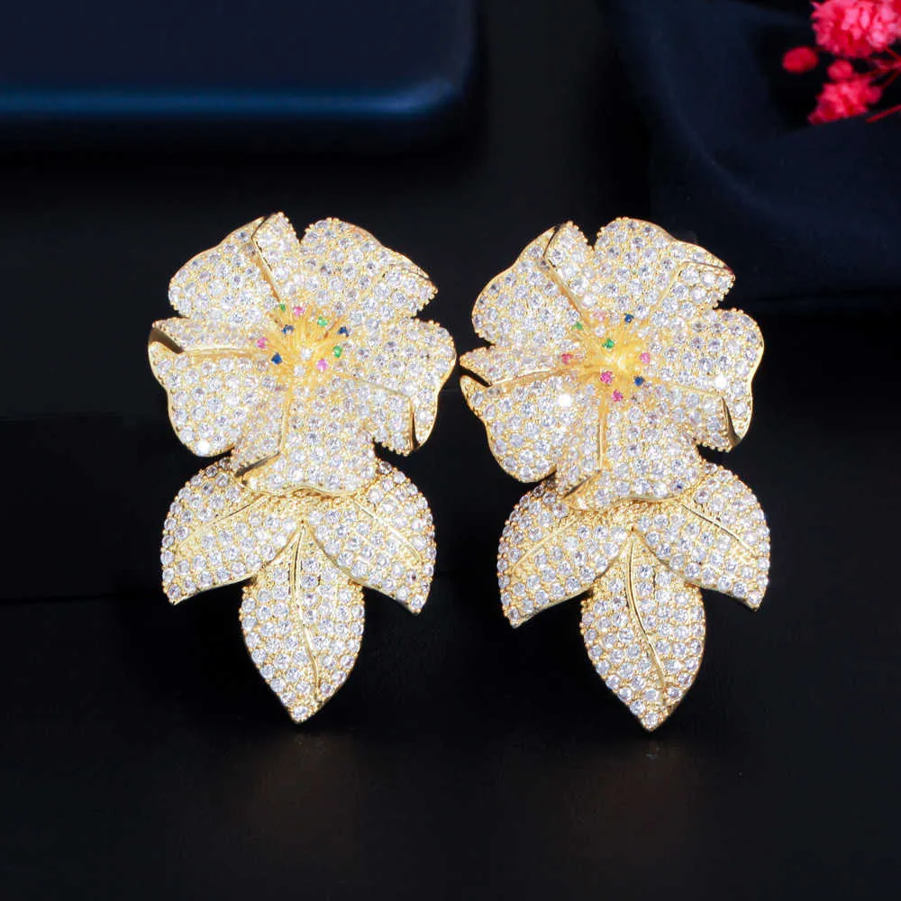 Shiny CZ Flower Drop Orecchini lunghi di lusso grandi le donne African Dubai Color oro Gioielli da sposa da sposa CZ907 210714