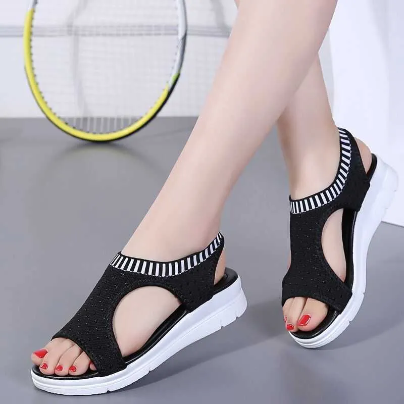2021 New Women Sandals Woman Summer Wedge Comfortable Sandals Ladie Go Out Walk for Leisure Knitting Slip Flat Women Sandalias Y0721