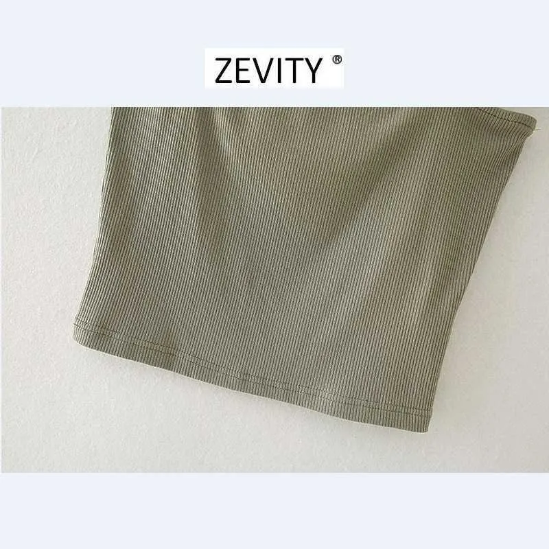 Zevity Women Moda Plisowane Ruffles Pasek Sling Knitting T-shirt Kobiety Chic Podstawowe Krótkie Casual Slim Tops Lady Odzież T687 210603