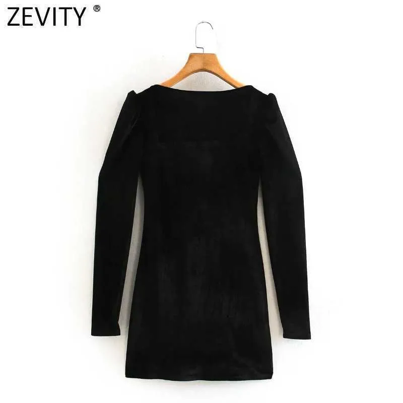 Zevity Donna Vintage Colletto quadrato Pieghe Manica a sbuffo Mini abito sottile Femme Chic Velvet Party Vestido Abbigliamento casual DS4923 210603