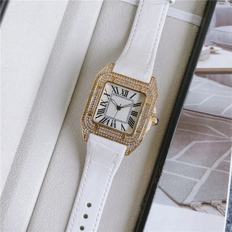 Mode Marke Uhren Frauen Mädchen Platz Kristall Stil Hohe Qualität Lederband Armbanduhr CA57271P