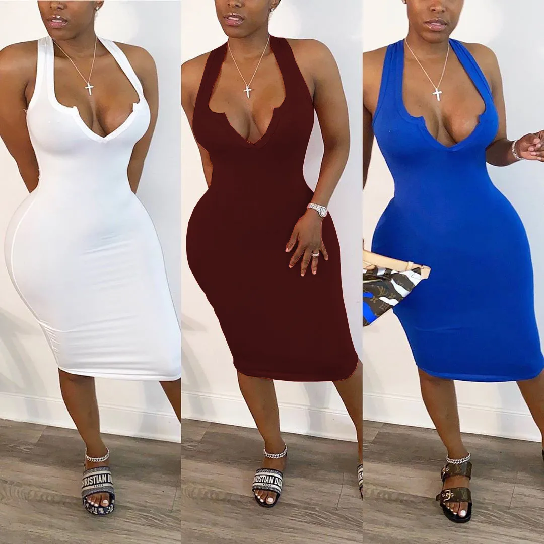 Sexy col en V robe courte femmes débardeur maigre moulante robe d'été Club fête été tenue solide grande taille robe sans manches S-3XL X0521