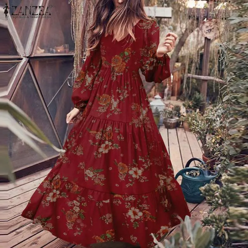 Mode Puff Sleeve Robe Femme Plus Größe Frauen Herbst Langes Kleid ZANZEA V-ausschnitt Rüschen Kleid Vintage Floral Gedruckt Vestidos 5XL X0521