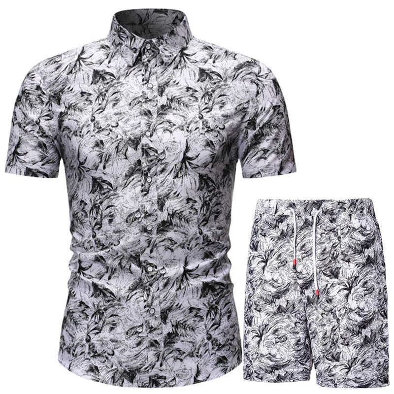Mode Hawaiian Set Männer Blumen Drucken Kurzarm Taste Hemd Strand Shorts Sets Casual Sommer Streetwear Männlichen Anzug 2 Stück x0610