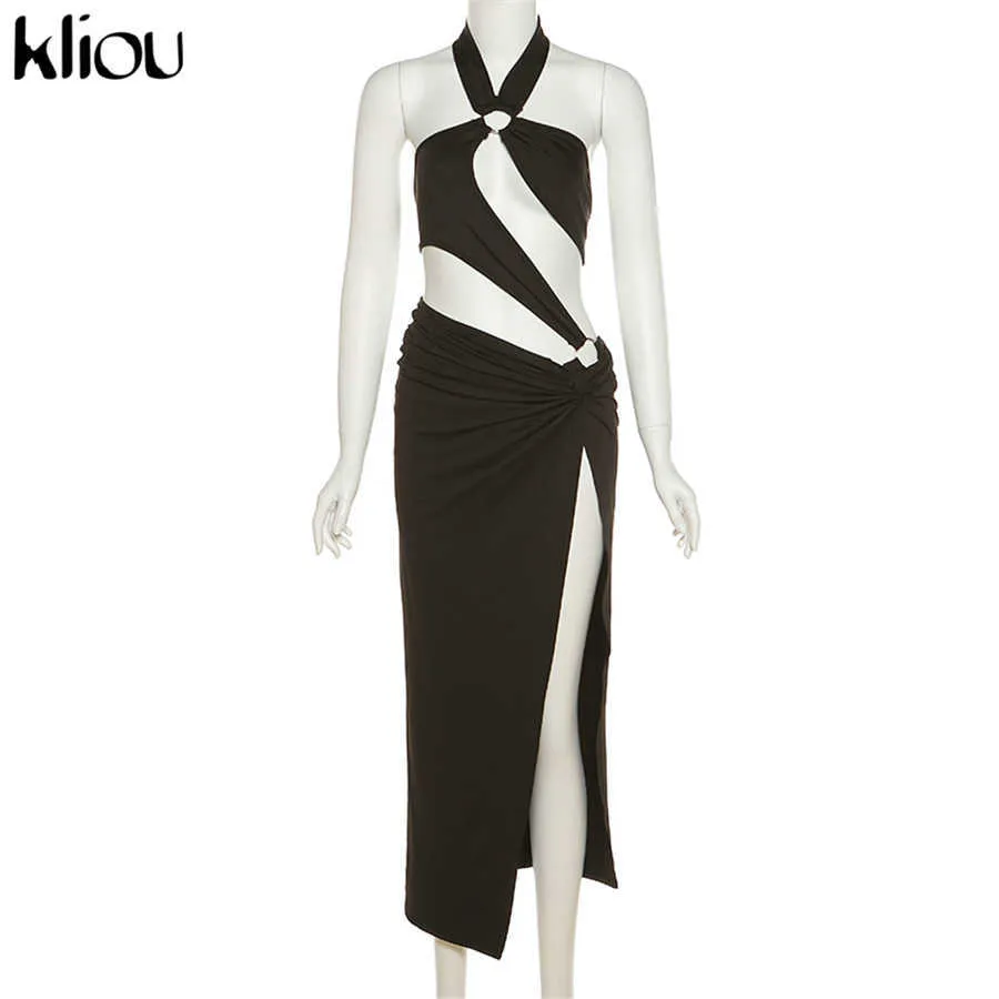 Kliou Sexy Cut Out Backless Two Piece Outfits Dames Halter Bodysuit en Side Split Rok Matching Set Party Clubwear 210730